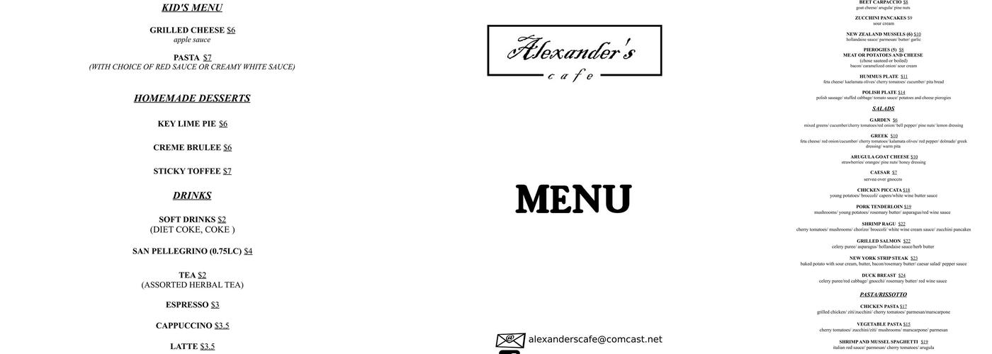 Alexander's Cafe Menu