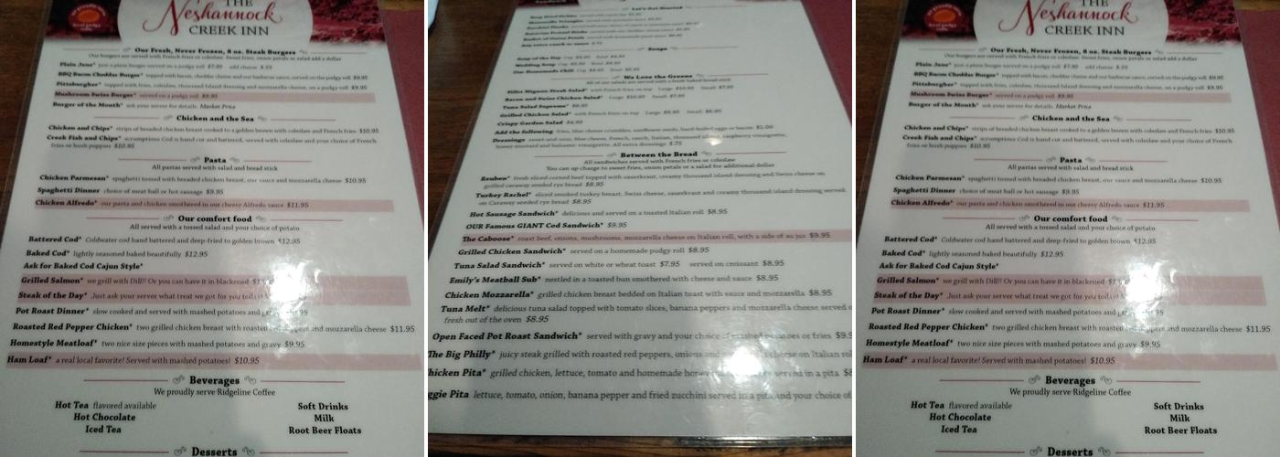 Neshannock Creek Inn Restaurant Menu