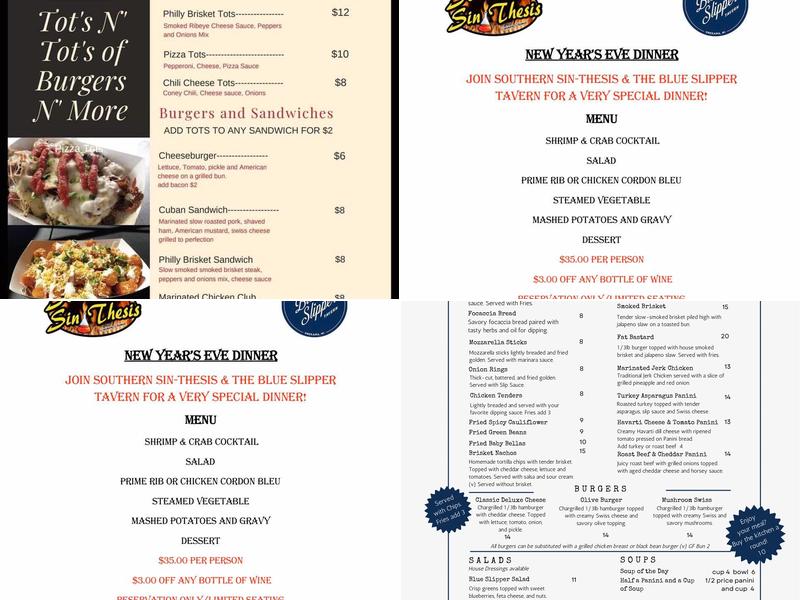 Blue Slipper Tavern Menu