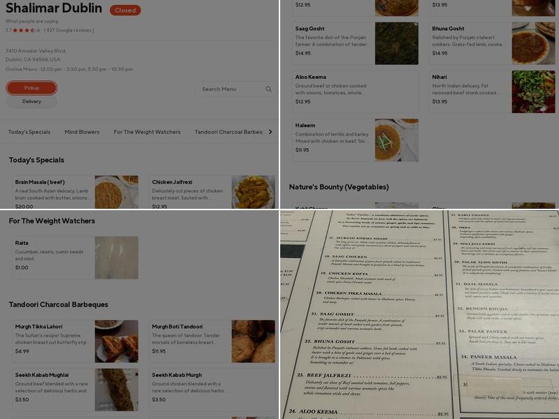 Shalimar Restaurant Menu