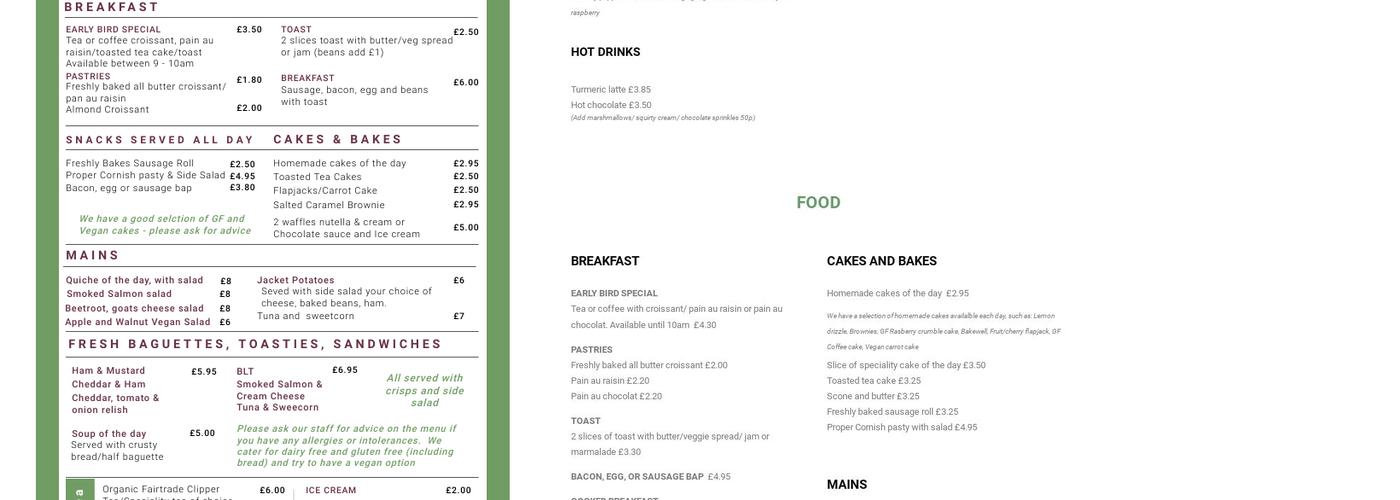 PiP Café and Meeting Hub Menu