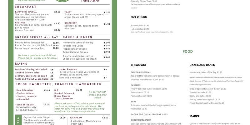 PiP Café and Meeting Hub Menu