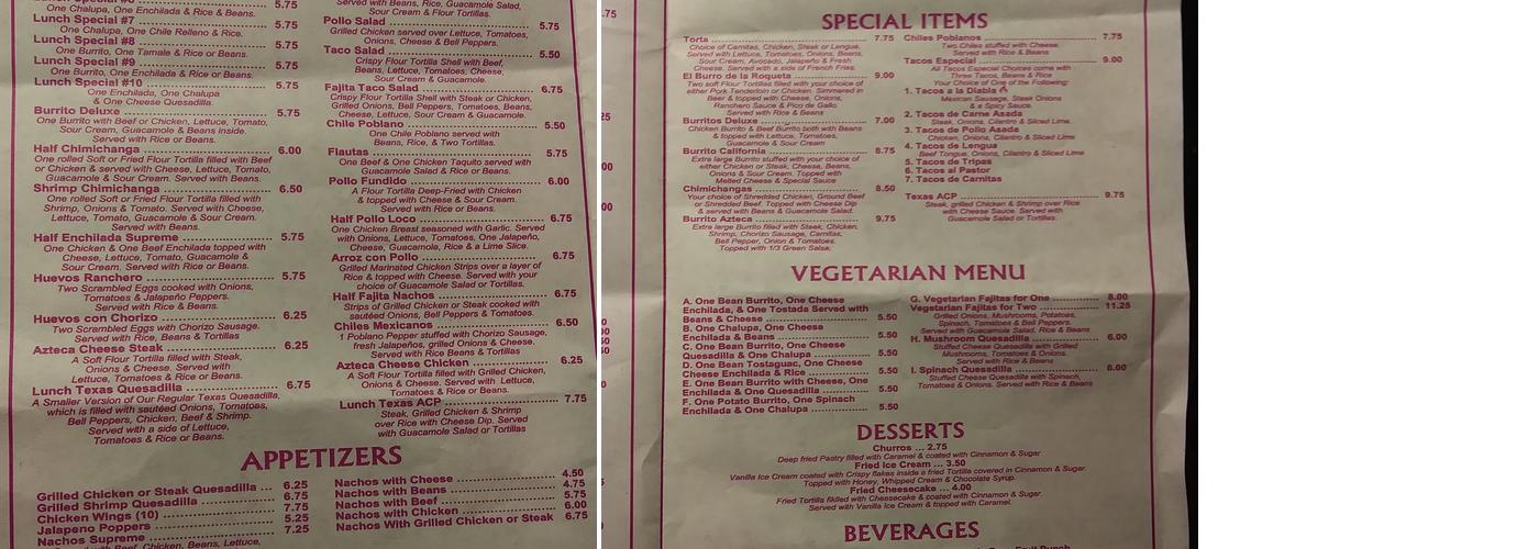 El Azteca Menu