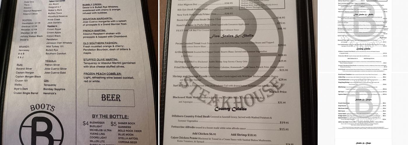 Boots Steakhouse Menu