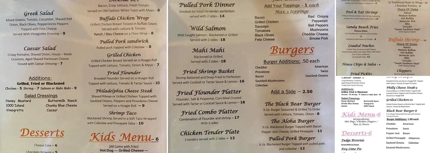 Bear Creek Marina Menu