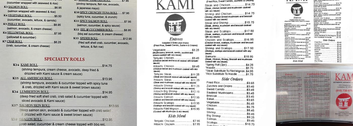 Kami Authentic Japanese Cuisine Menu