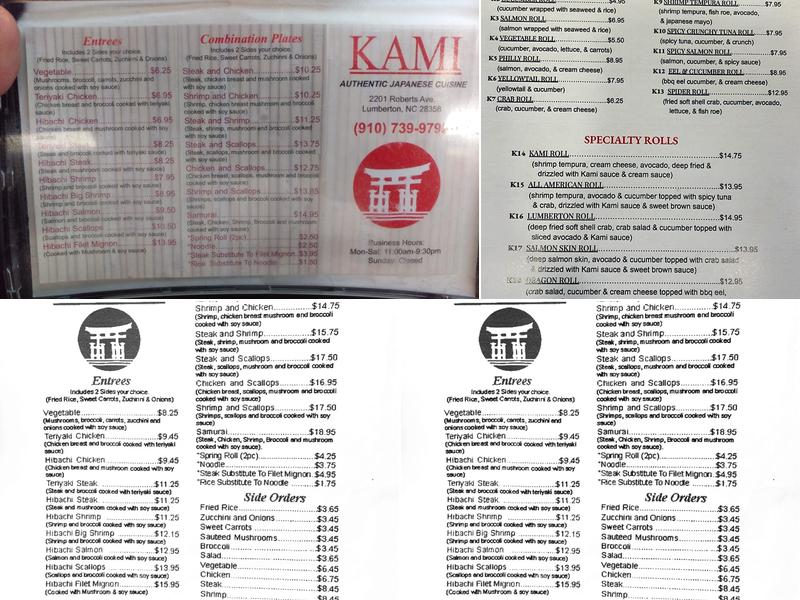 Kami Authentic Japanese Cuisine Menu
