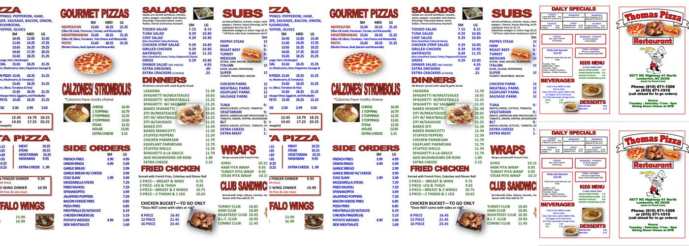 Thomas' Pizza & Subs Menu