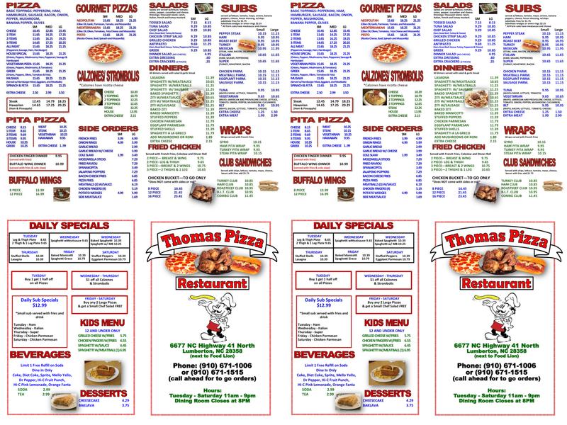 Thomas' Pizza & Subs Menu