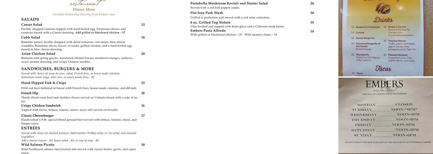 Embers Restaurant Menu