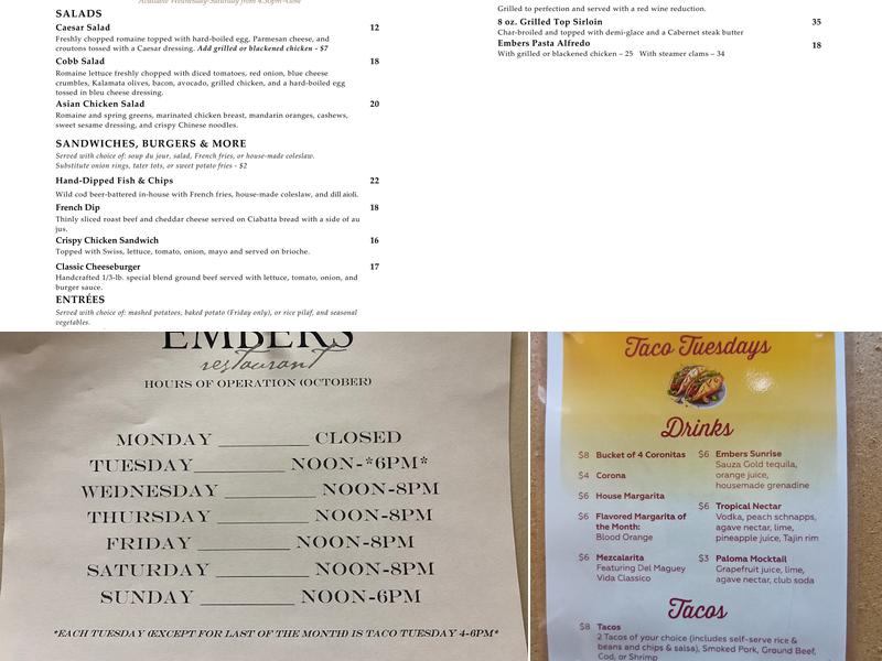 Embers Restaurant Menu