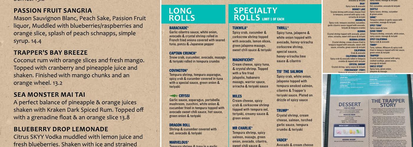 Trapper's Sushi - Lacey Menu
