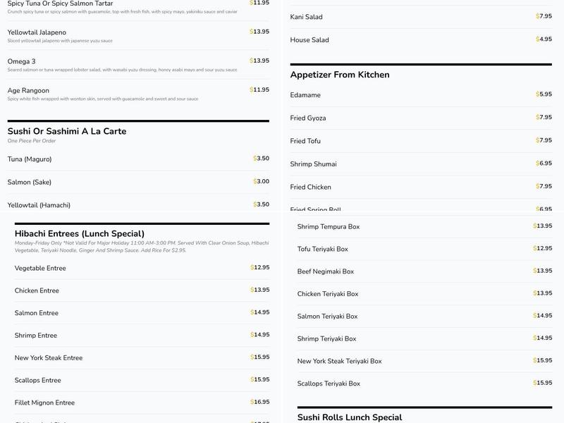 Sakura Japanese Steakhouse Menu