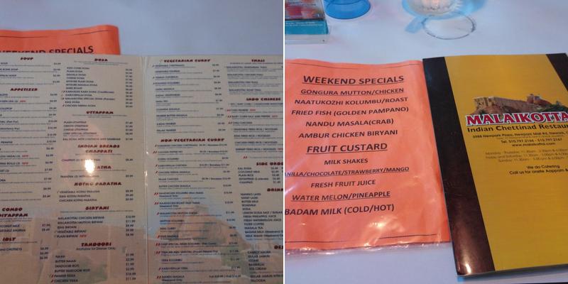 Malaikottai Indian Chettinad Restaurant Menu