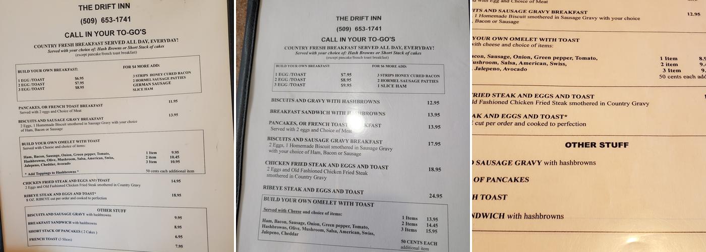 Drift Inn 50's Diner Menu