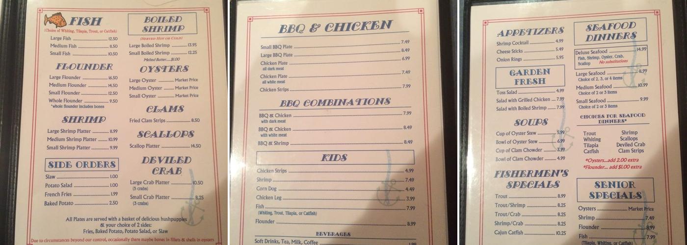 Sandpiper Seafood Menu