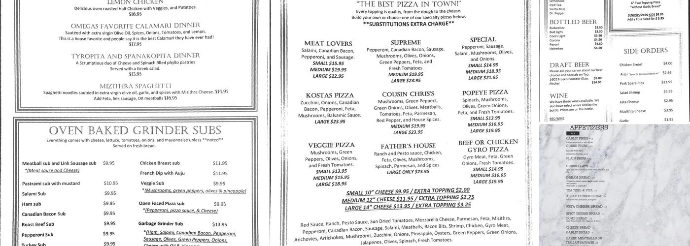Omega Pizza & Pasta Menu