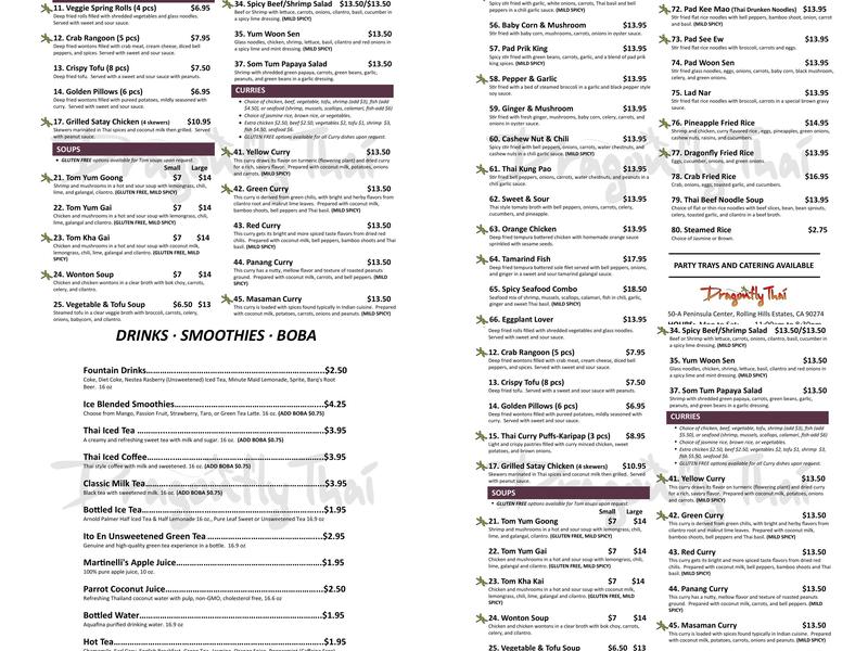 Dragonfly Thai Menu