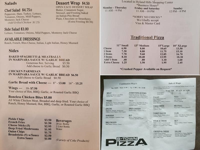 B-Town Pizza Menu