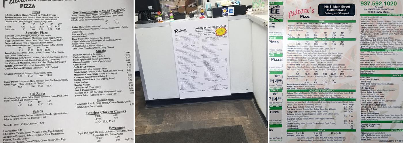 Padrones Pizza Menu
