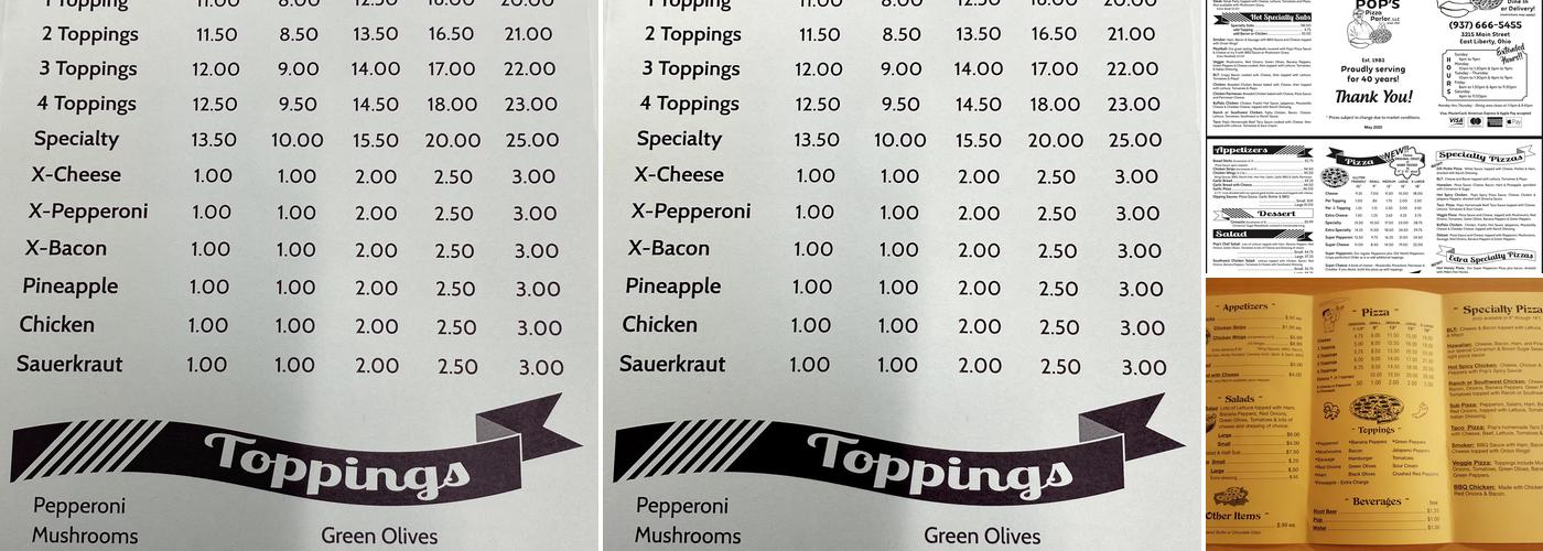 Pop's Pizza Parlor Menu