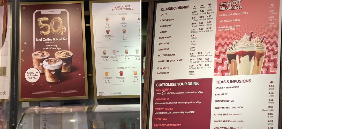 Costa Coffee Menu