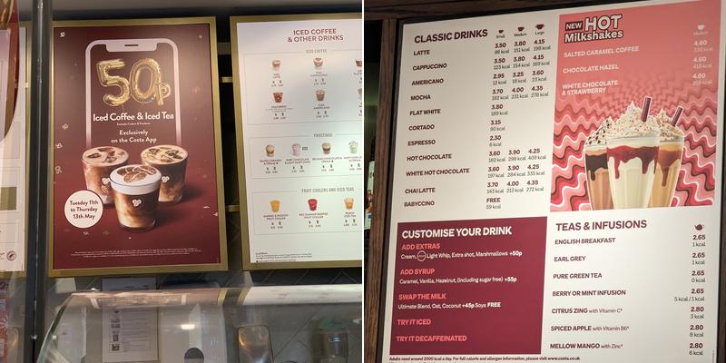 Costa Coffee Menu