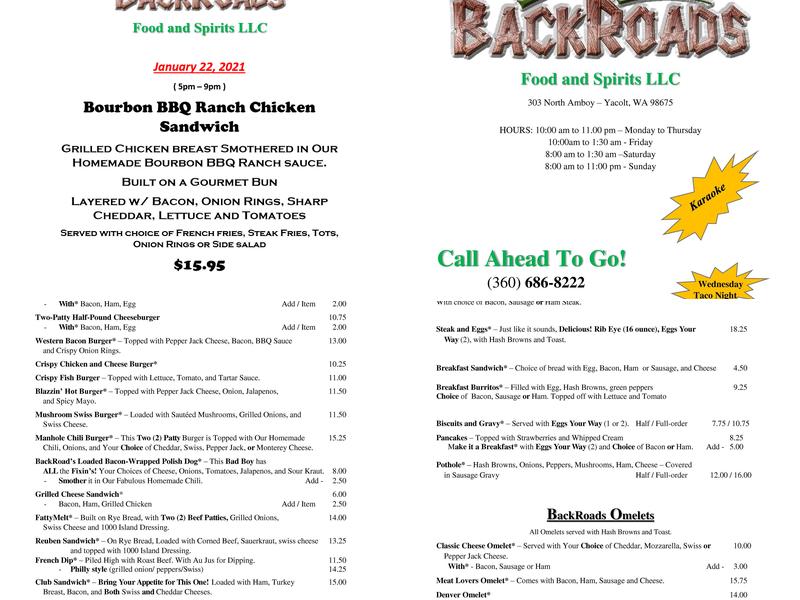 Backroads Pub and Grub Menu
