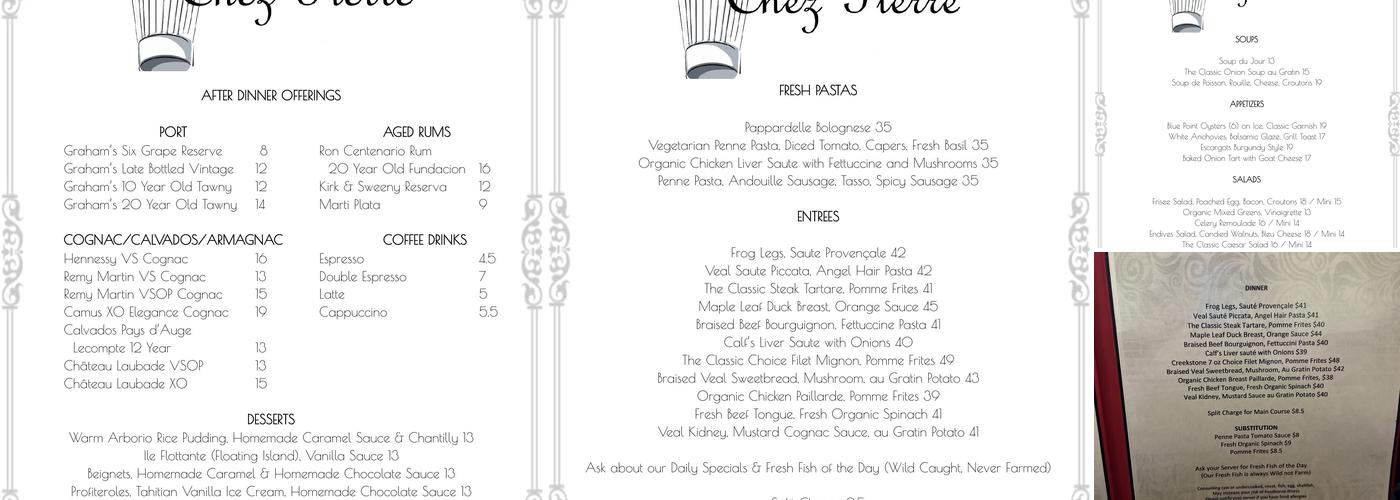 Chez Pierre's Bistro Menu