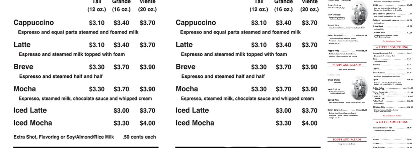 Gabby's Java & Gourmet Grub Menu