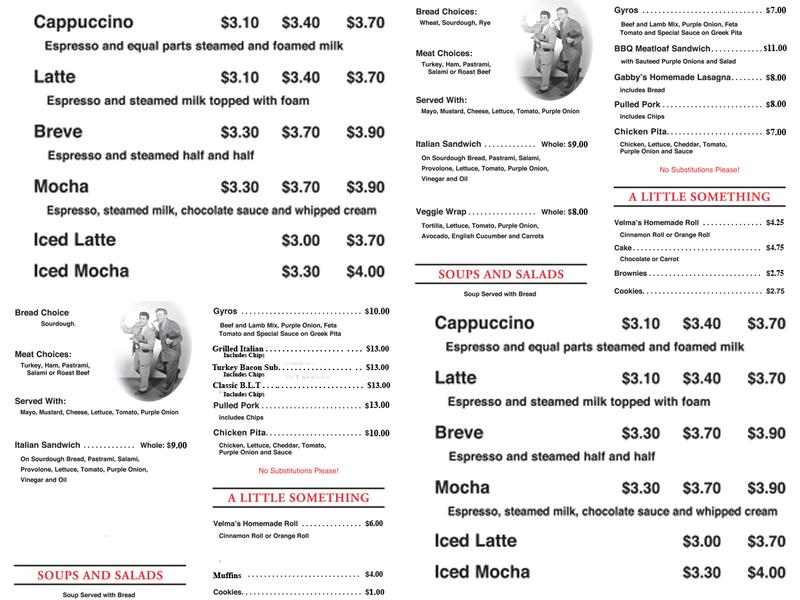 Gabby's Java & Gourmet Grub Menu