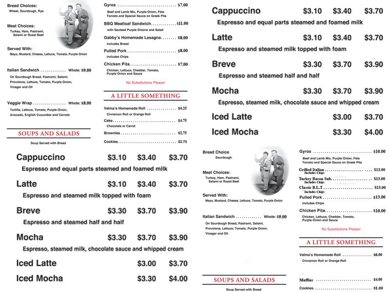 Gabby's Java & Gourmet Grub Menu