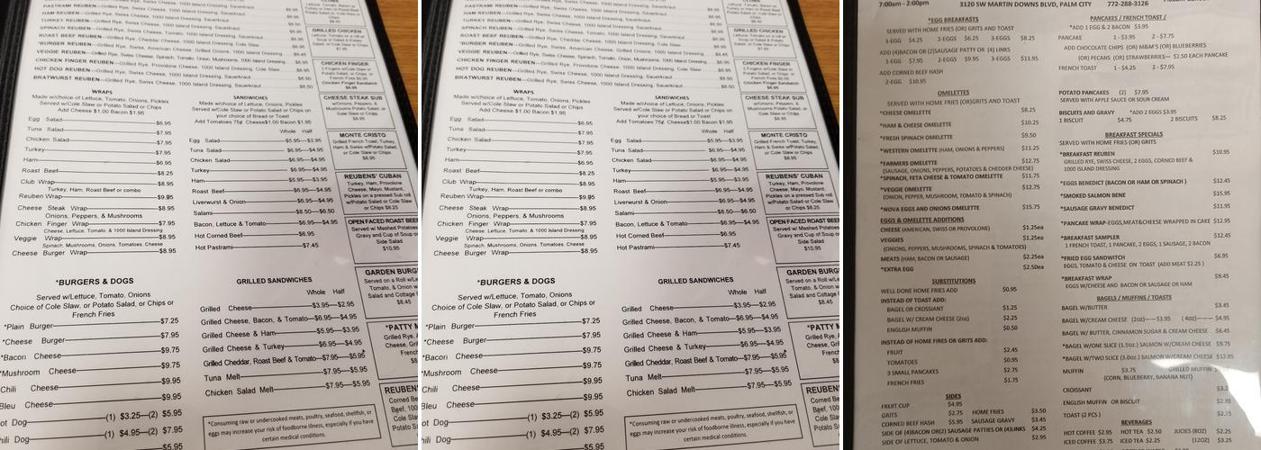 Reubens Breakfast & Lunch Menu