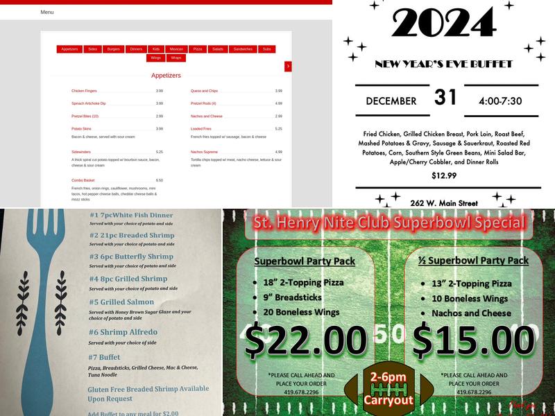 St Henry Nite Club Menu