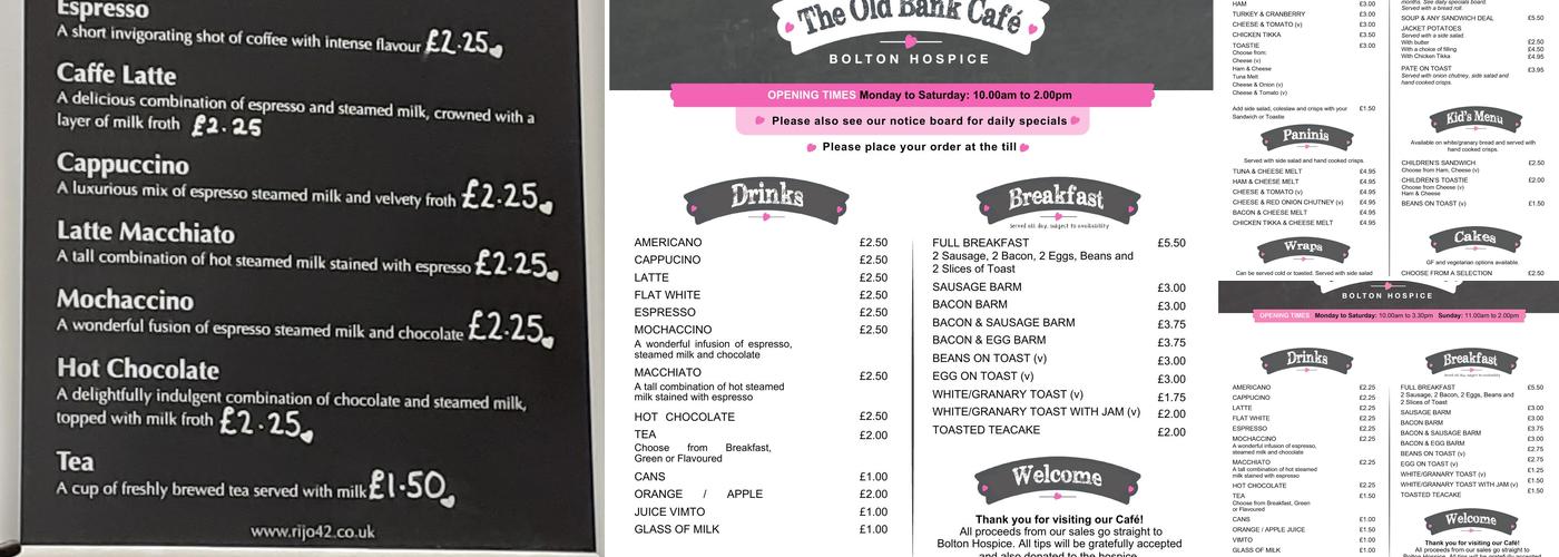 The Old Bank Cafe - Bolton Hospice Menu