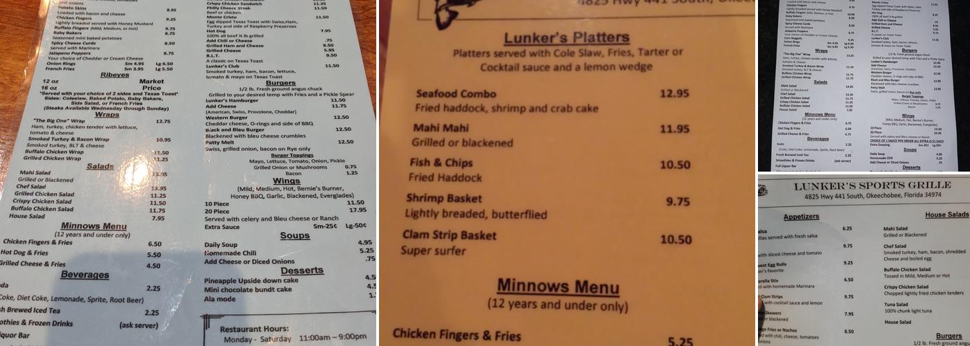 Lunker's Sports Grill Menu