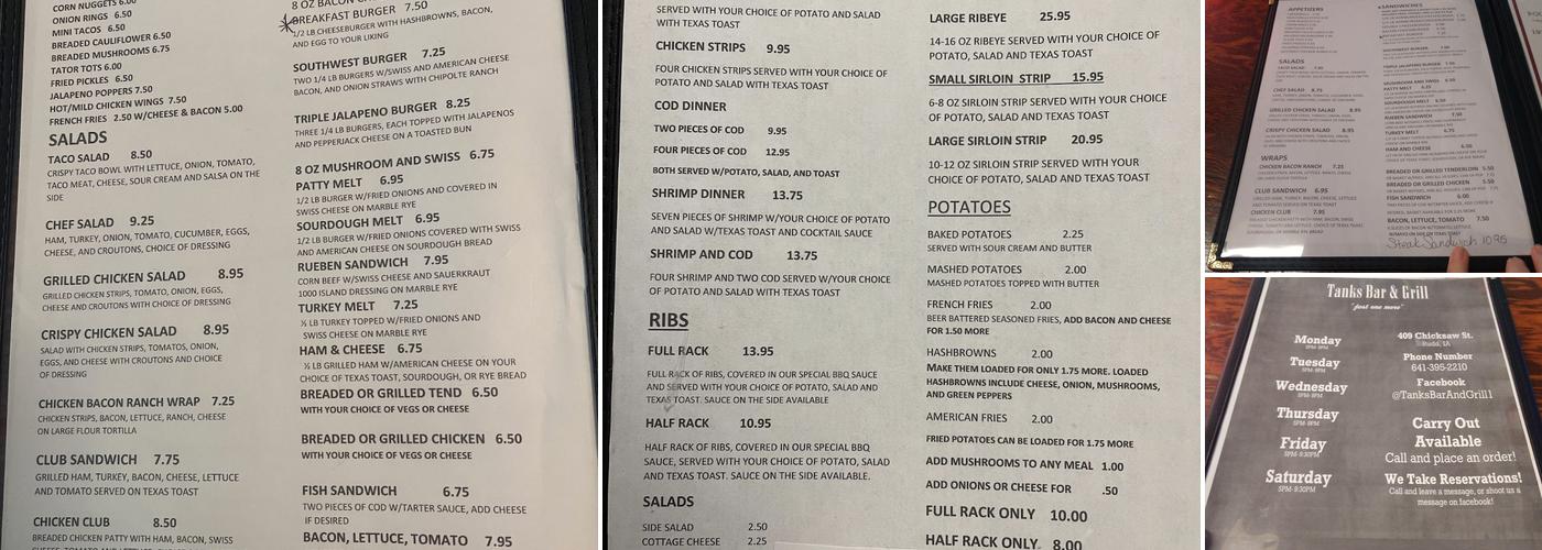 Tanks Bar & Grill Menu