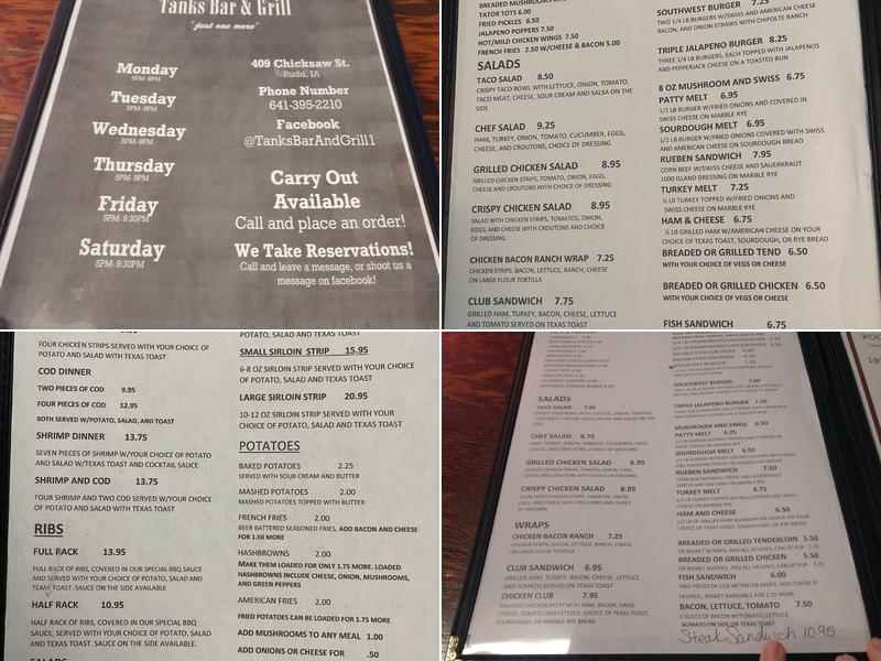Tanks Bar & Grill Menu