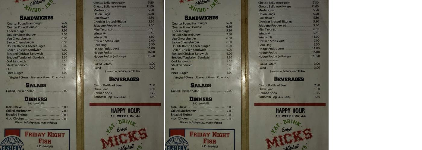 Mick's Lounge & Grill Menu