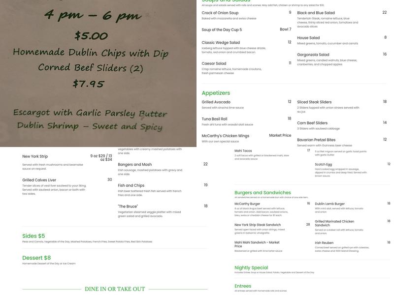 McCarthy's Pub Menu