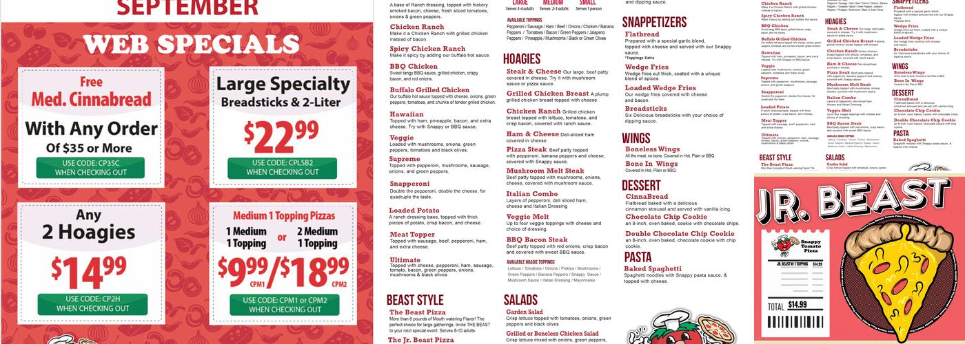 Snappy Tomato Pizza Menu