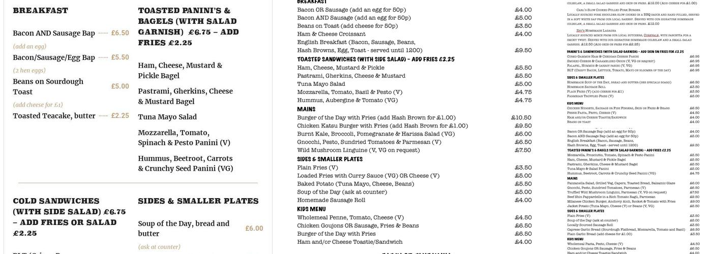 The Old Sawmill Café Menu