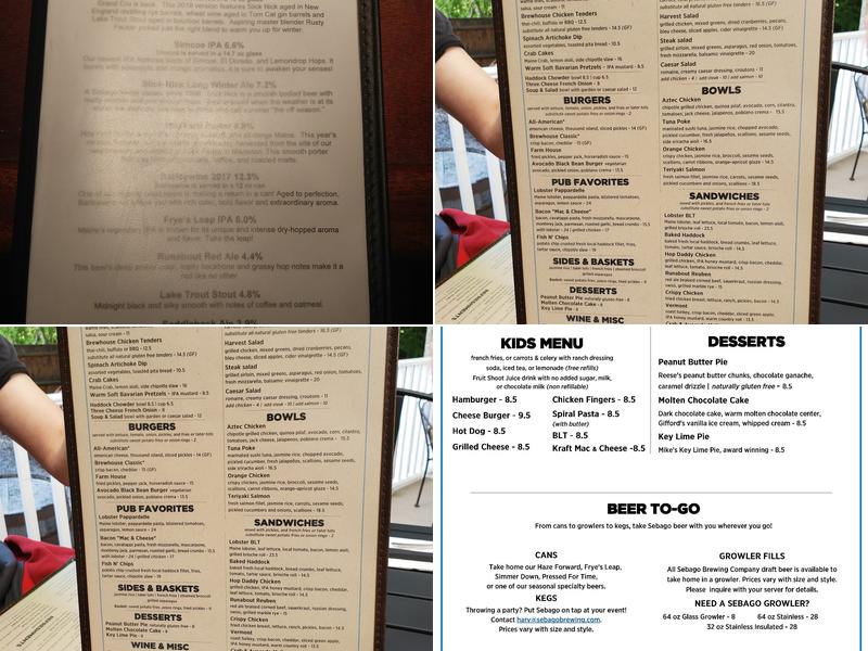 Sebago Brewing Company Brewpub Menu