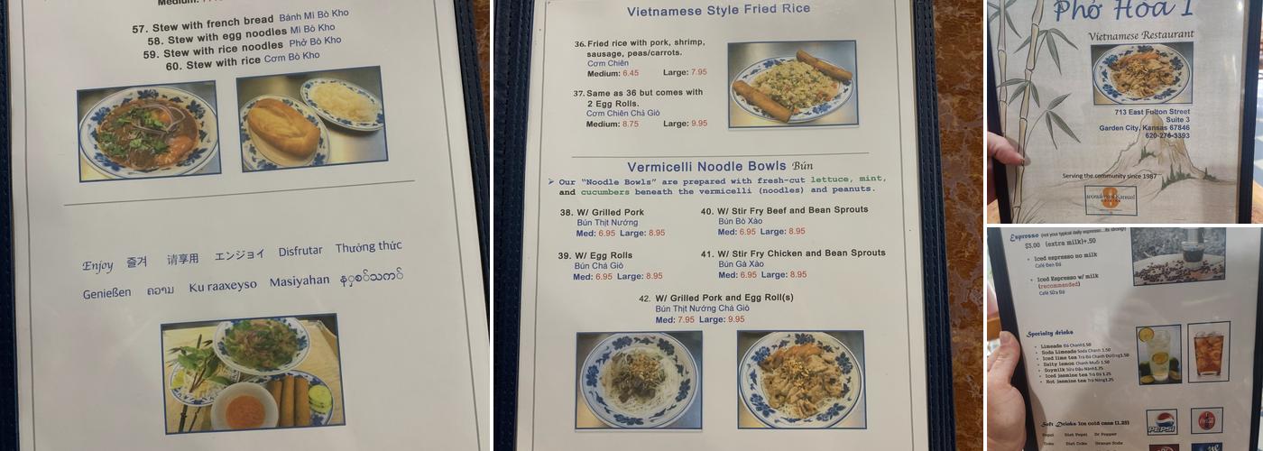 Pho Hoa One Restaurant Menu