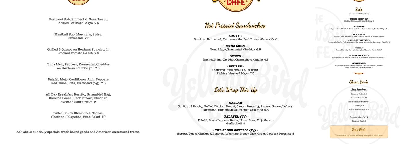 The Yellow Bird Café Menu