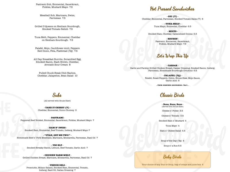 The Yellow Bird Café Menu