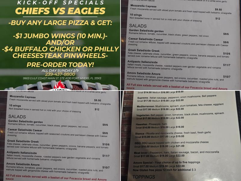 Amore Brick Oven Pizza Menu