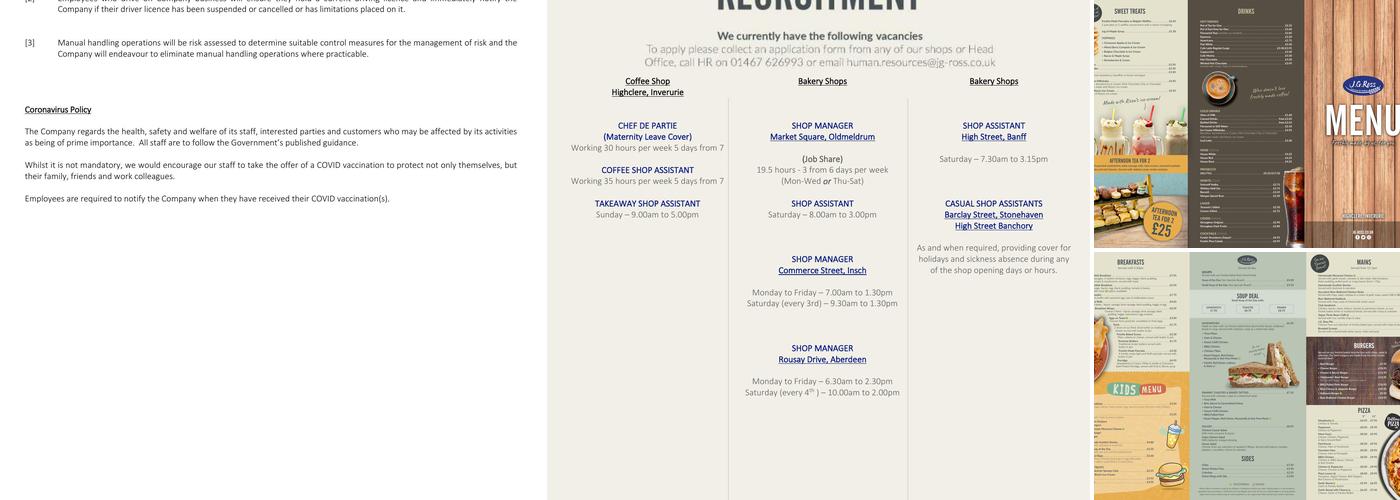 J.G. Ross (Bakers) Ltd Menu