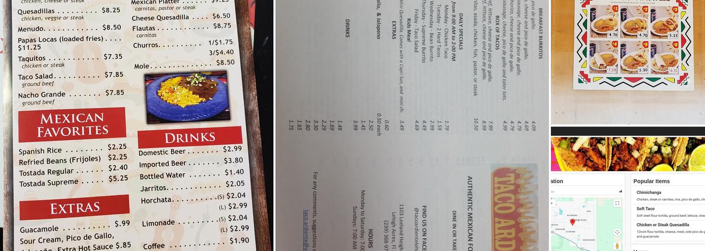 Taco Ardiente Menu