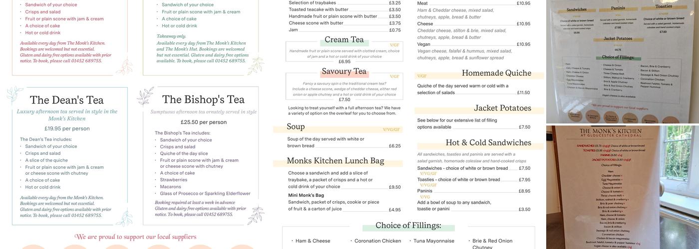 The Monk's Kitchen Cafe @ Gloucester Cathedral Menu